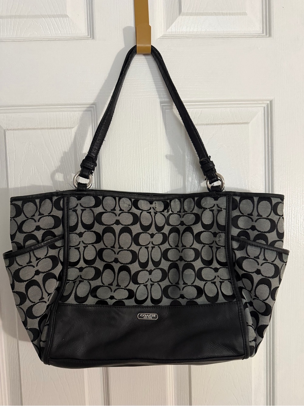 Coach Black & Gray Signature Canvas Tote with Leather Trim